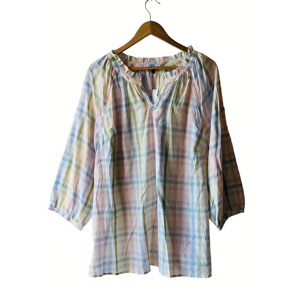 Talbots Size 2X Pastel Ruffle Trim Plaid Lightweight Top - New